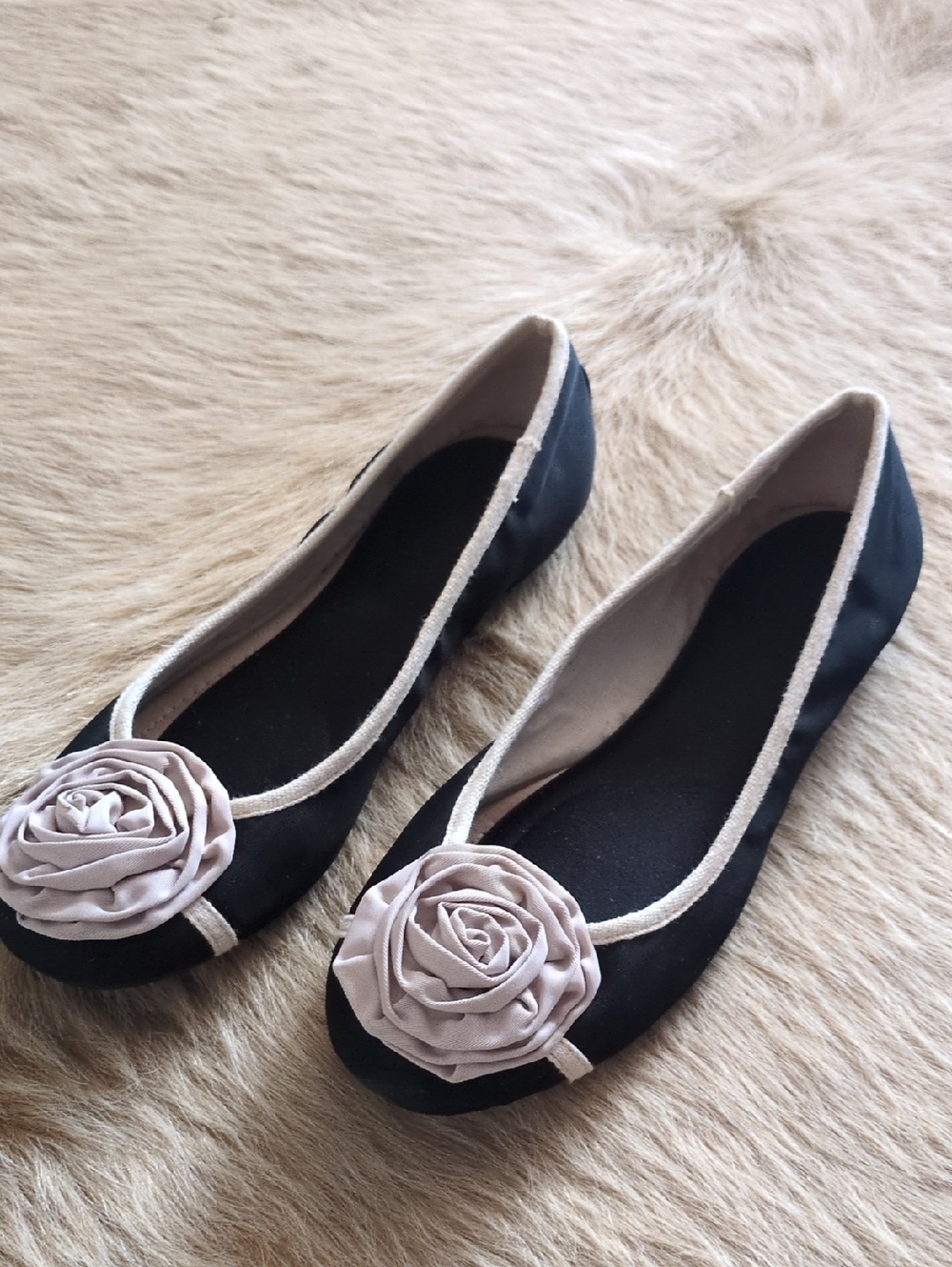 Restricted Black Ballet Flats with Cream Rose Trim